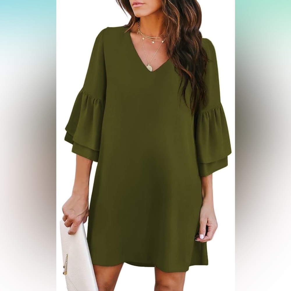 Olive Green V-Neck Midi Dress with Ruffle Sleeves